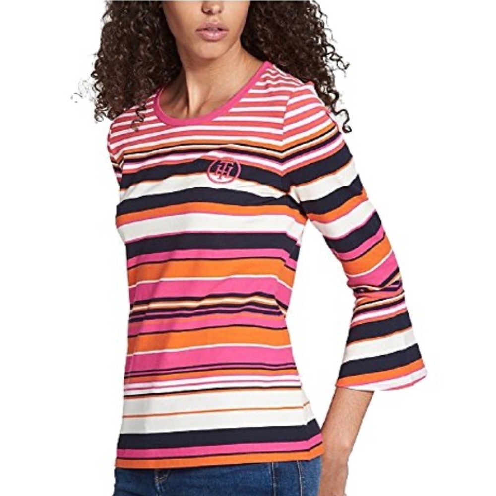 Tommy Hilfiger Women's Striped Bell Sleeve Top Pink Orange Navy White‎ M NWOT